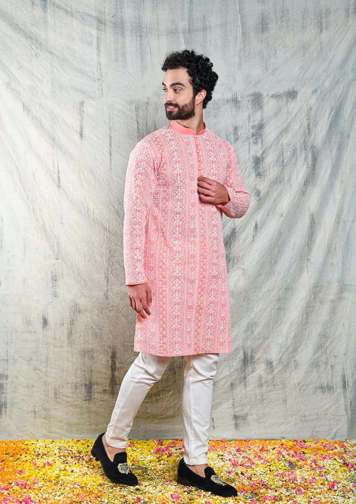 CORAL PINK SEQUINS EMBROIDERED CHIKANKARI KURTA PAJAMA SET WITH PEARL BUTTON DETAIL