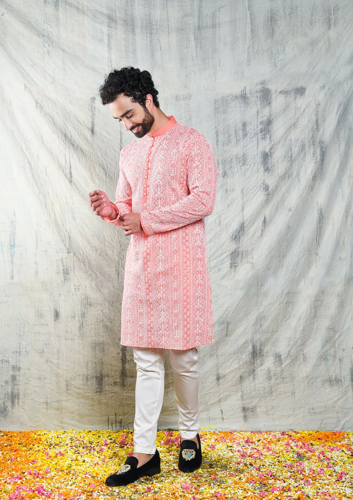 CORAL PINK SEQUINS EMBROIDERED CHIKANKARI KURTA PAJAMA SET WITH PEARL BUTTON DETAIL