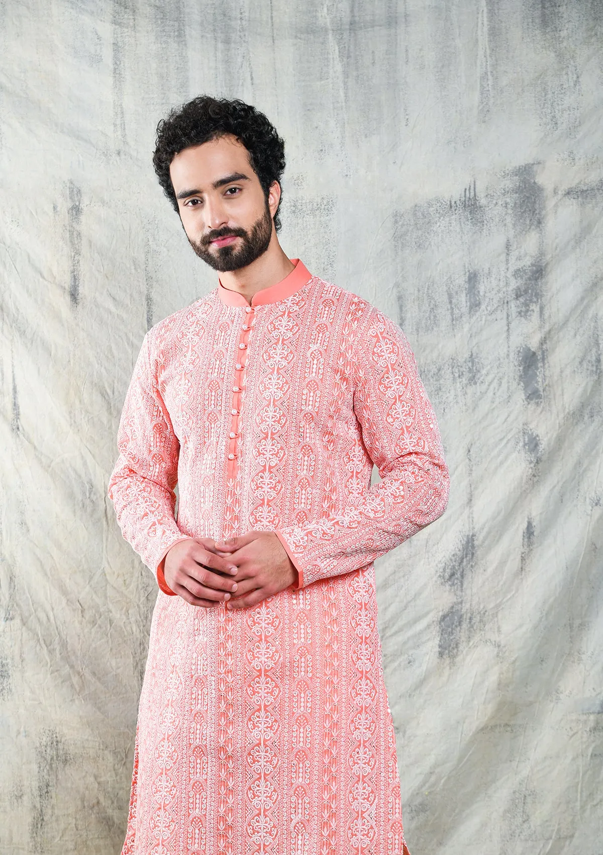 CORAL PINK SEQUINS EMBROIDERED CHIKANKARI KURTA PAJAMA SET WITH PEARL BUTTON DETAIL