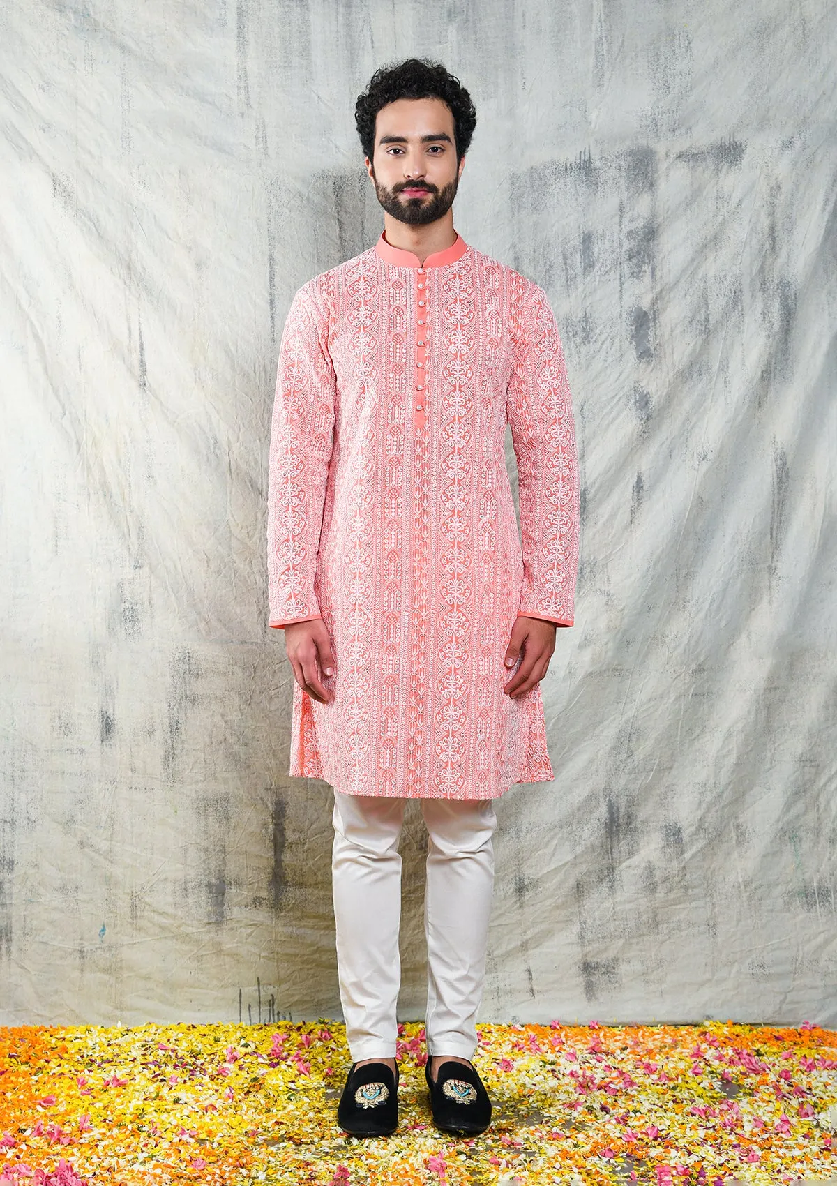 CORAL PINK SEQUINS EMBROIDERED CHIKANKARI KURTA PAJAMA SET WITH PEARL BUTTON DETAIL