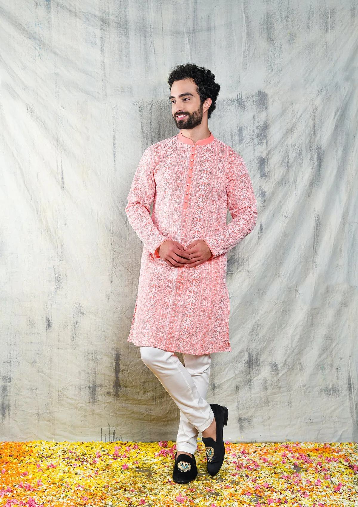 CORAL PINK SEQUINS EMBROIDERED CHIKANKARI KURTA PAJAMA SET WITH PEARL BUTTON DETAIL