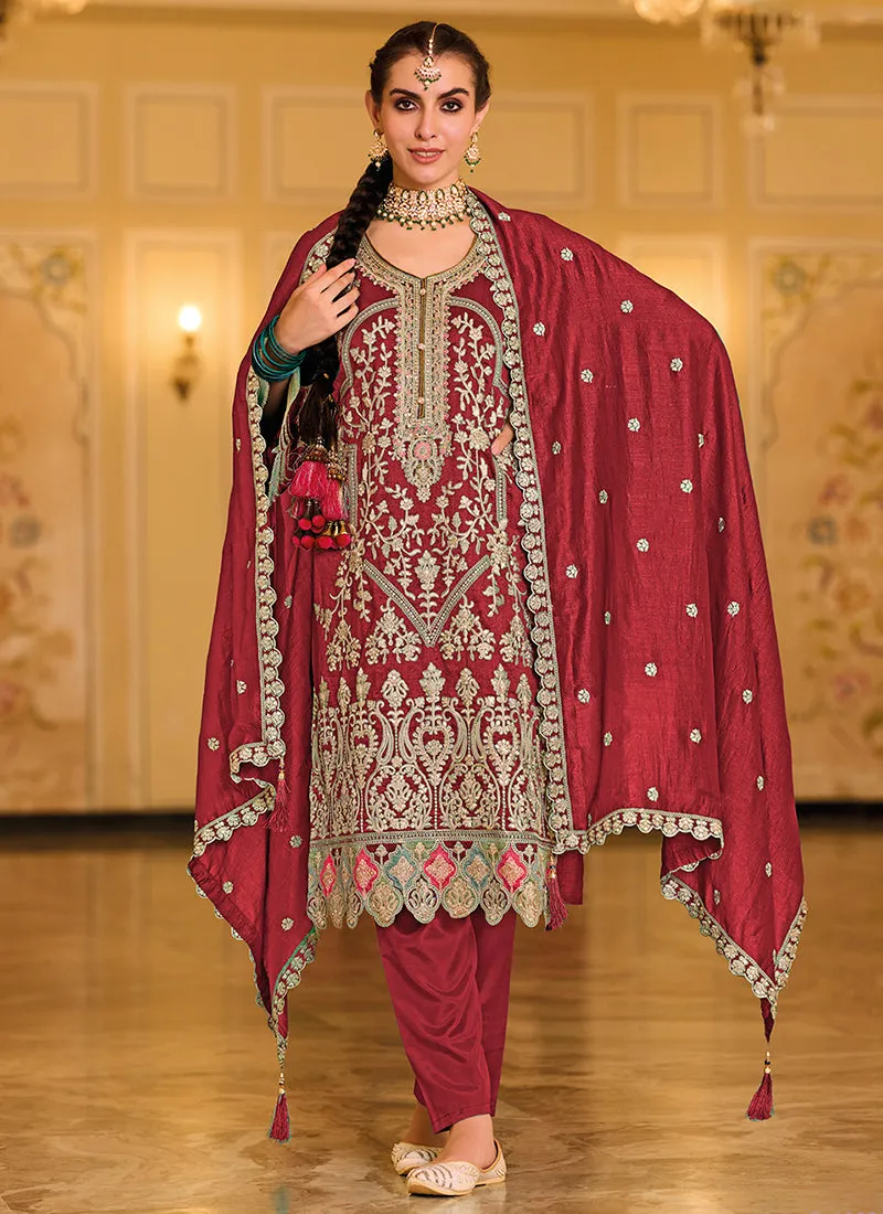 Crimson Red Multi Embroidered Traditional Salwar Suit