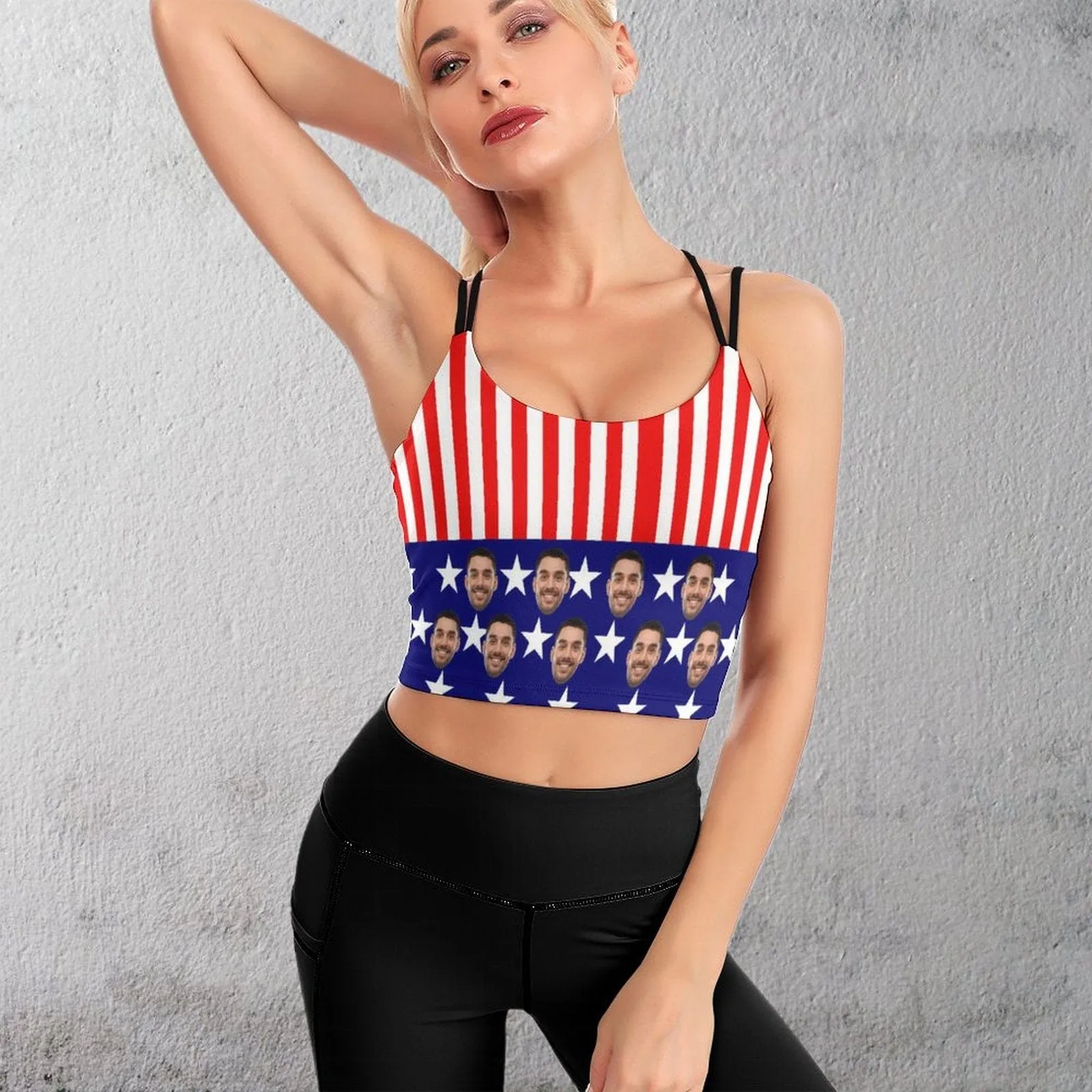 Custom Husband Face US Flag Tops Personalized Women's All Over Print Strappy Longline Yoga Sports Bra