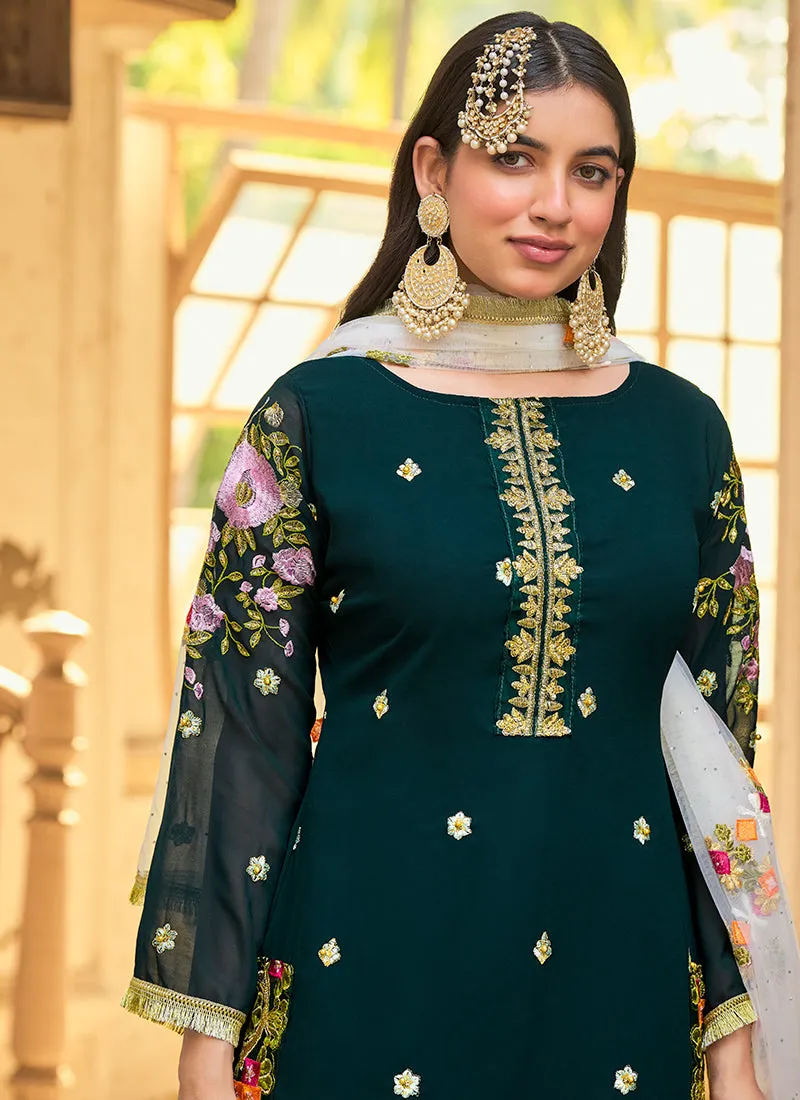 Dark Green Sequence And Zari Embroidery Pant Style Suit