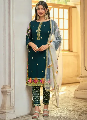 Dark Green Sequence And Zari Embroidery Pant Style Suit