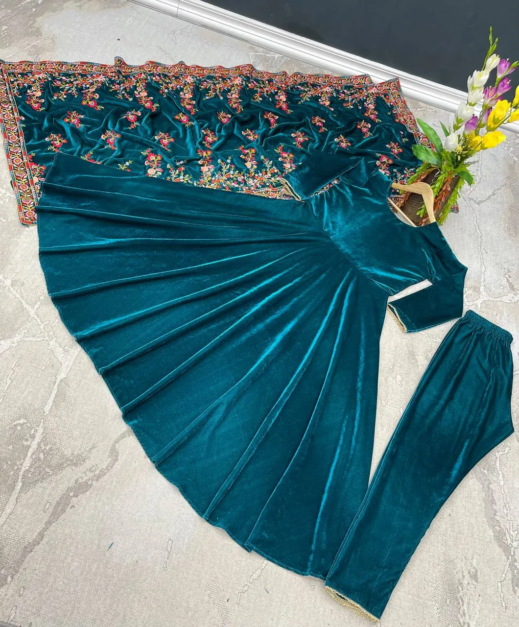 Designer Teal Blue Color Velvet Salwar Suit with Embroidery Work Velvet Dupatta