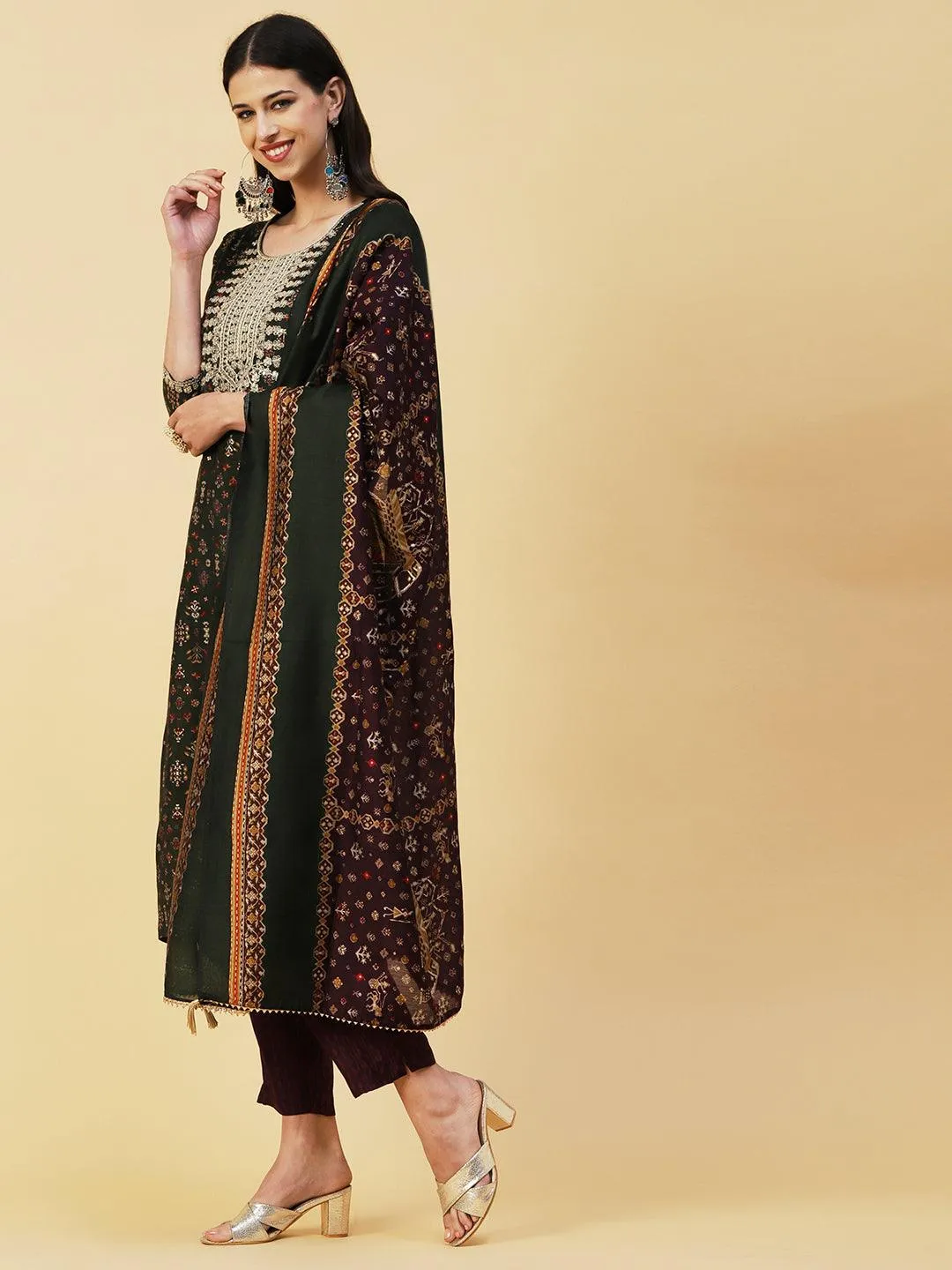 Ethnic & Abstract Printed Zari Dori & Sequins Embroidered Kurta With Pants & Dupatta - Green