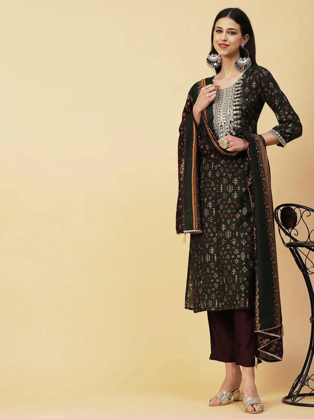 Ethnic & Abstract Printed Zari Dori & Sequins Embroidered Kurta With Pants & Dupatta - Green