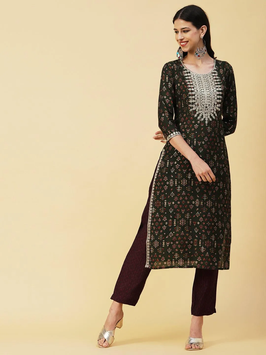 Ethnic & Abstract Printed Zari Dori & Sequins Embroidered Kurta With Pants & Dupatta - Green