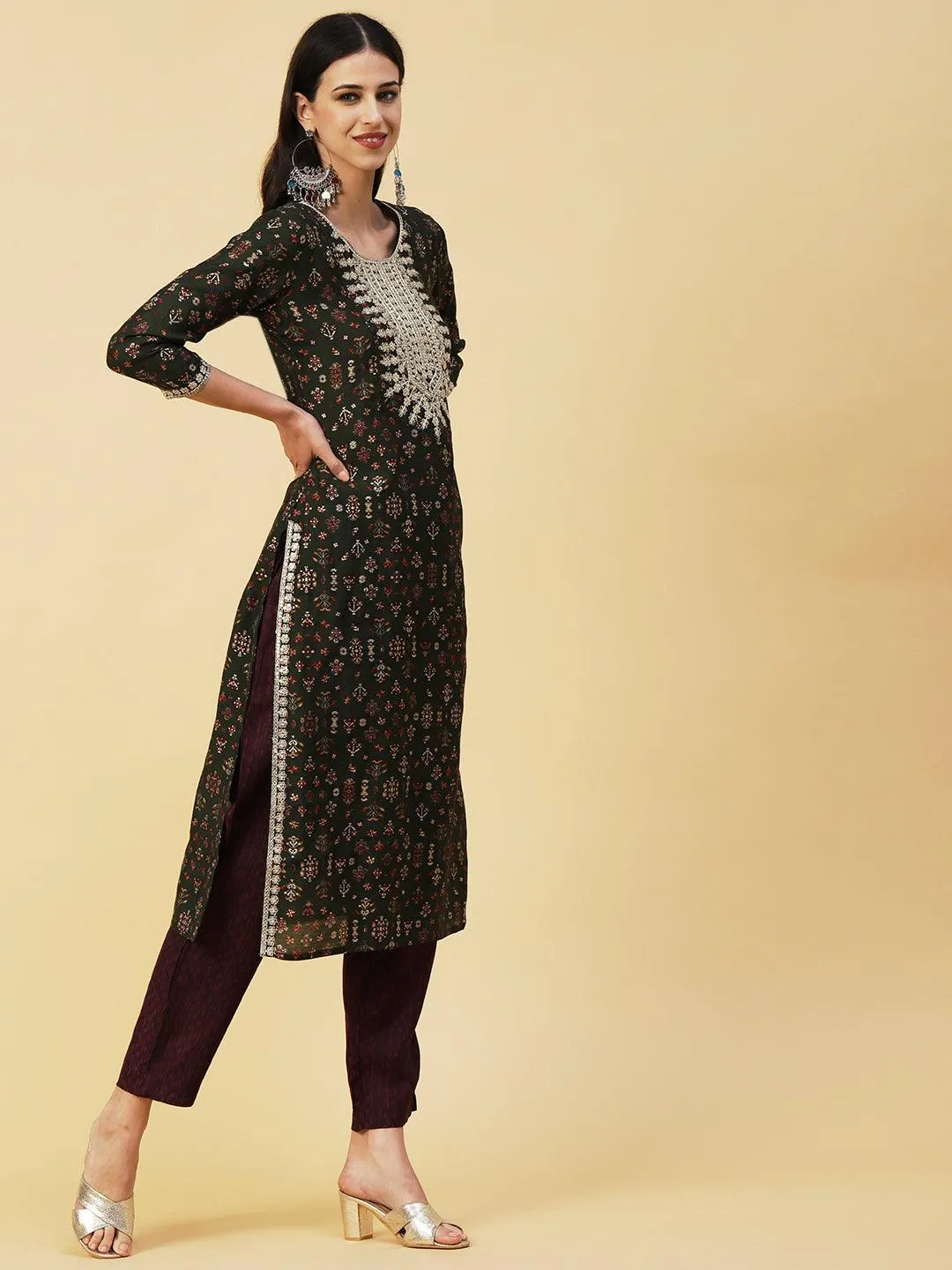 Ethnic & Abstract Printed Zari Dori & Sequins Embroidered Kurta With Pants & Dupatta - Green