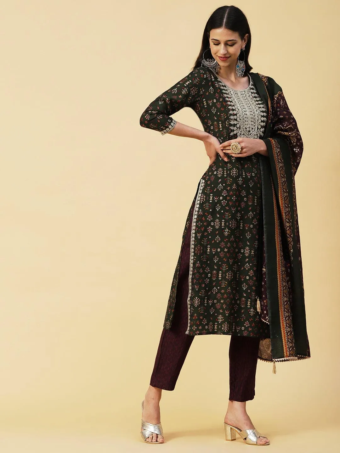 Ethnic & Abstract Printed Zari Dori & Sequins Embroidered Kurta With Pants & Dupatta - Green