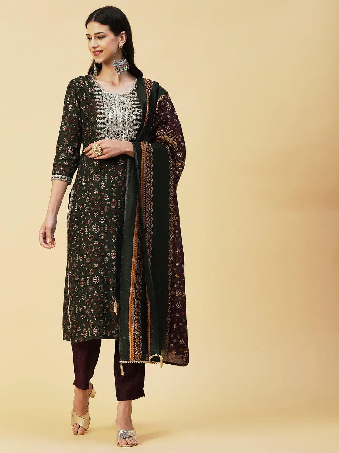 Ethnic & Abstract Printed Zari Dori & Sequins Embroidered Kurta With Pants & Dupatta - Green