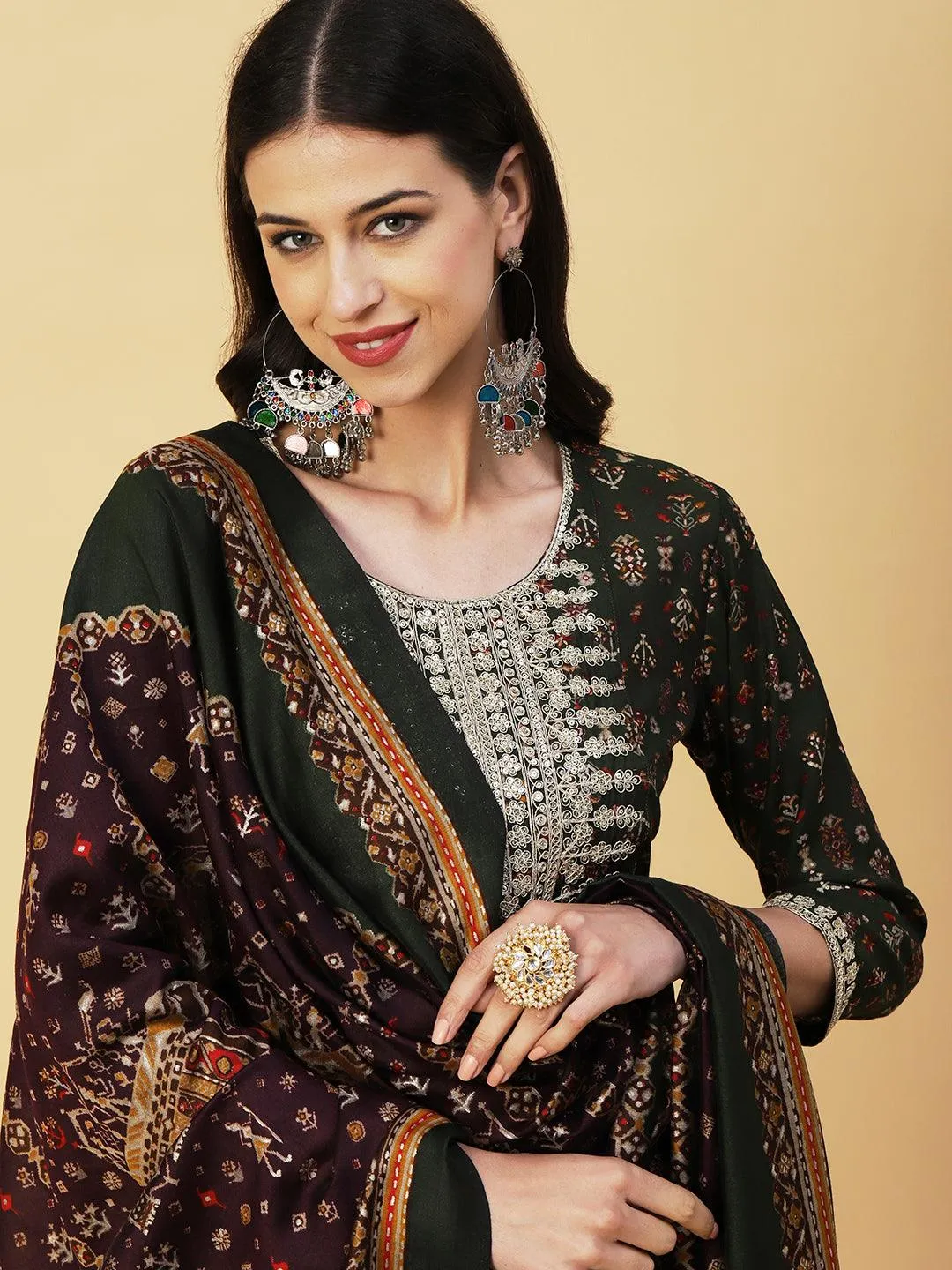 Ethnic & Abstract Printed Zari Dori & Sequins Embroidered Kurta With Pants & Dupatta - Green