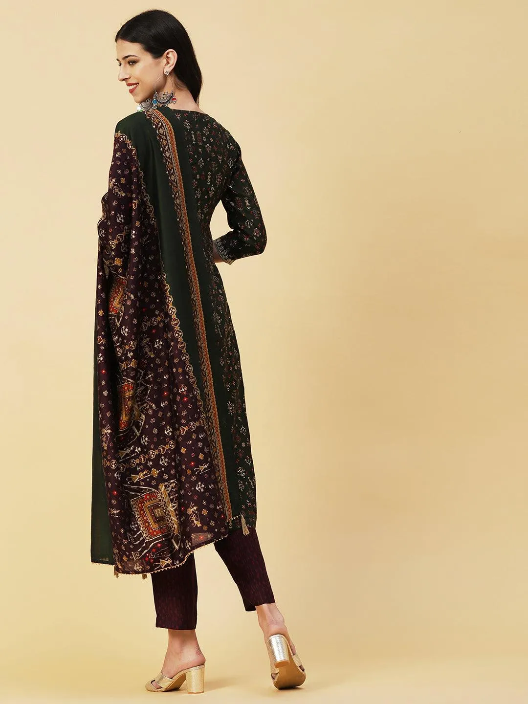 Ethnic & Abstract Printed Zari Dori & Sequins Embroidered Kurta With Pants & Dupatta - Green