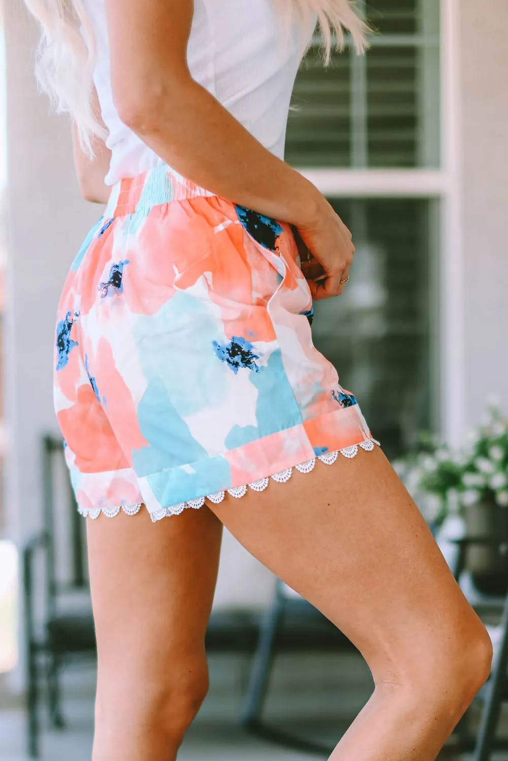 Floral Printed Lace Trim Shorts with Pockets