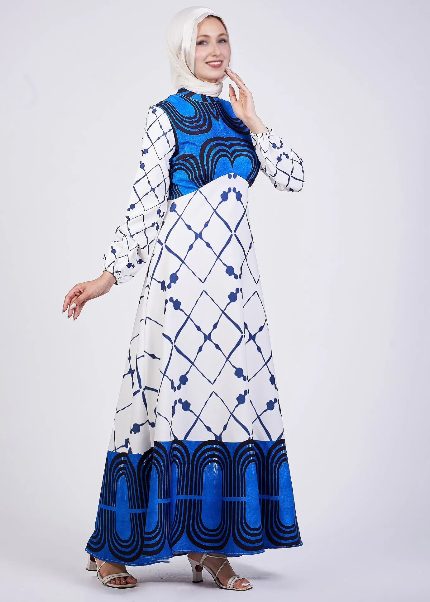 Ghada Serena Blue Geometric Print Modest Maxi Dress