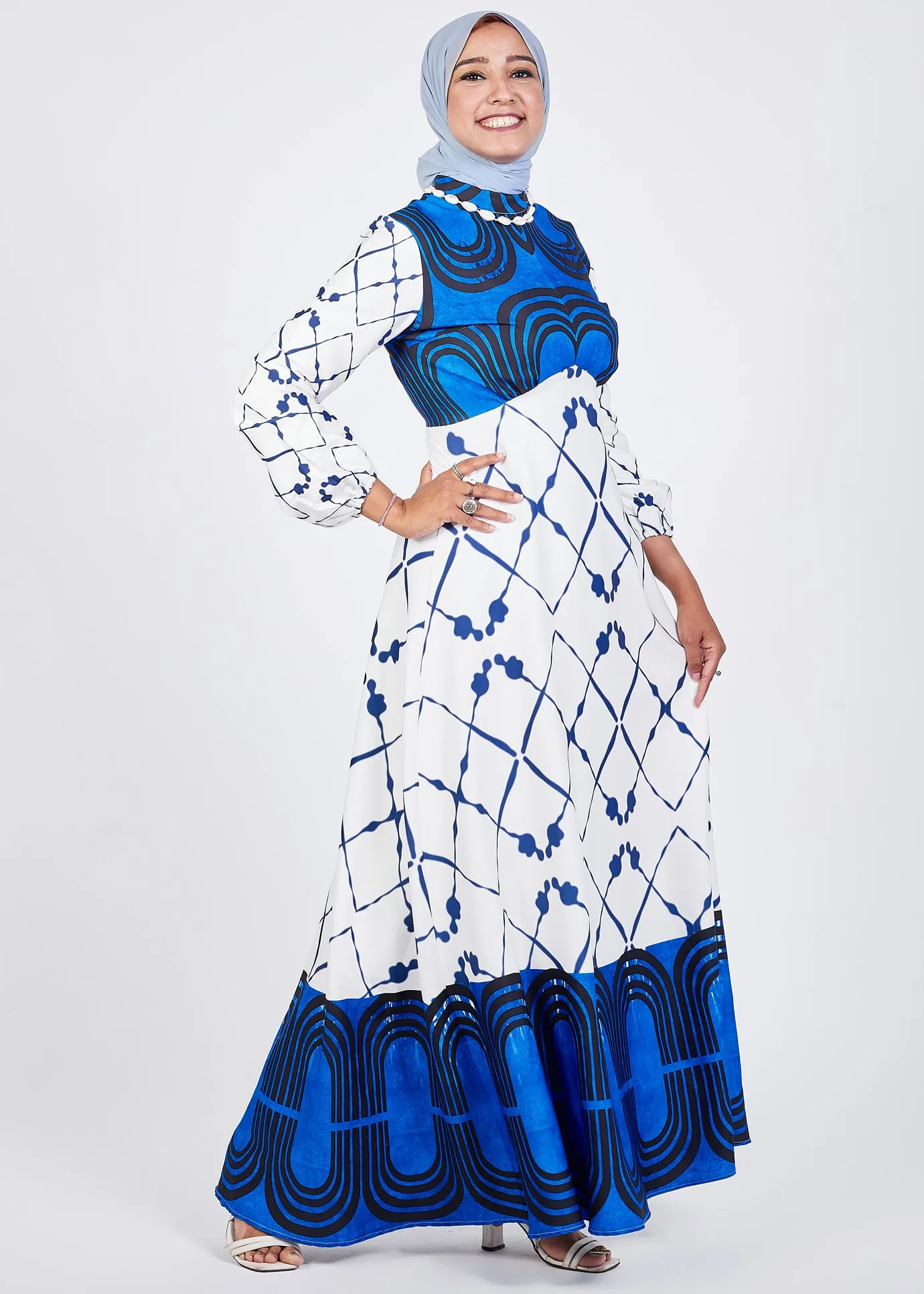 Ghada Serena Blue Geometric Print Modest Maxi Dress