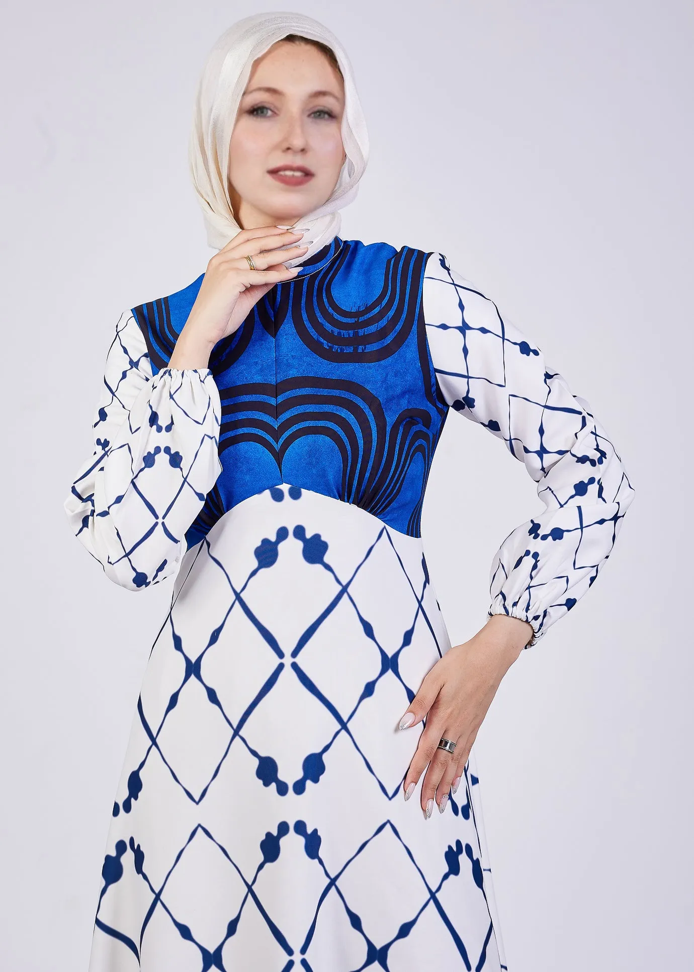 Ghada Serena Blue Geometric Print Modest Maxi Dress