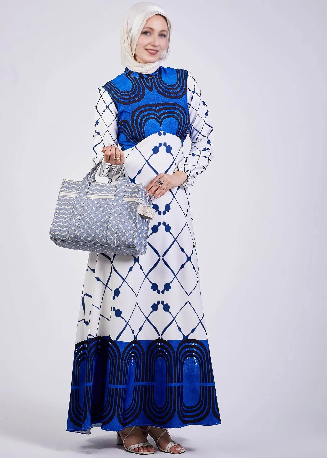 Ghada Serena Blue Geometric Print Modest Maxi Dress