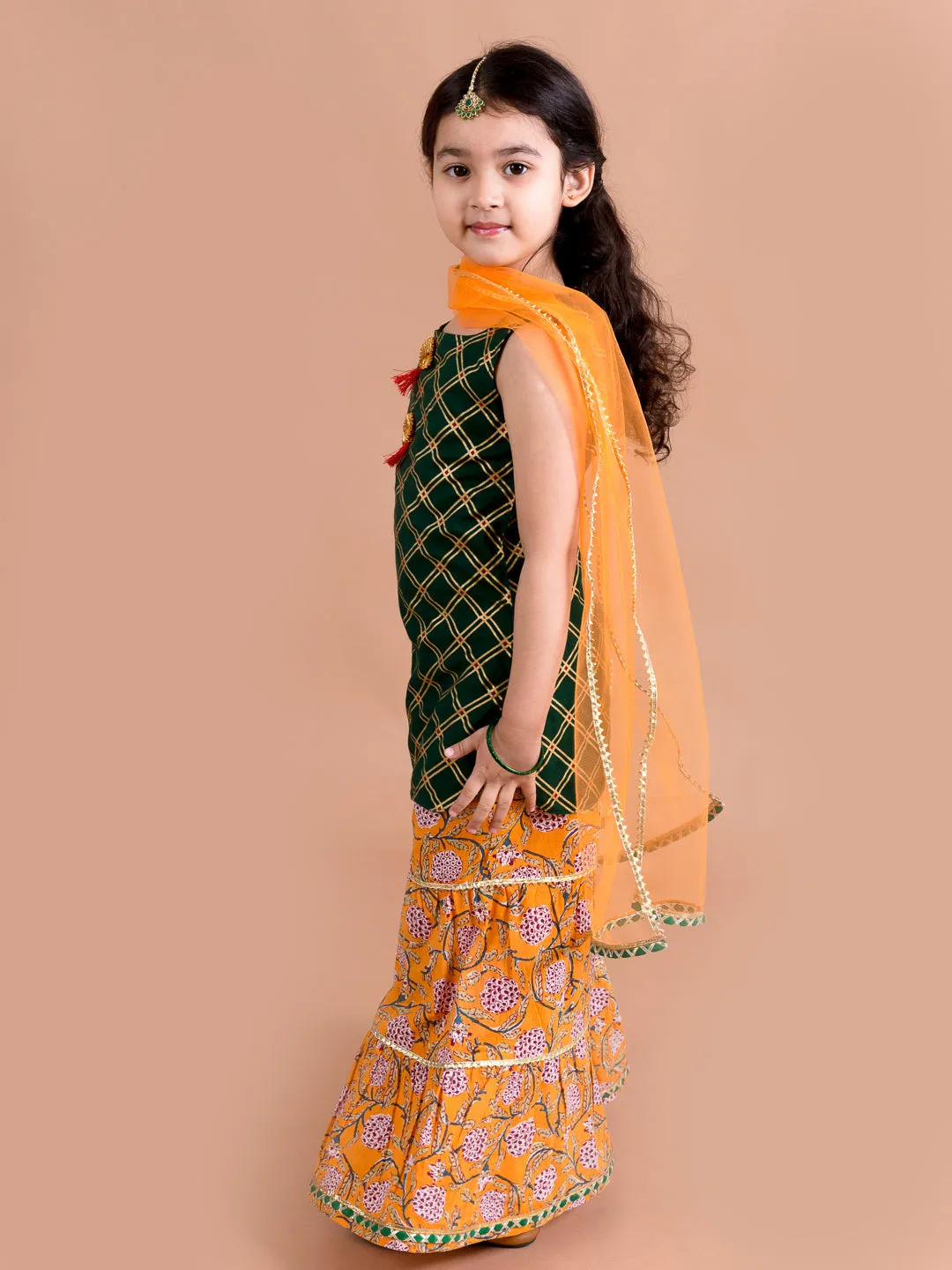 Girls Green Embroidered Pure Cotton Kurta With Sharara With Dupatta - Ps Peaches