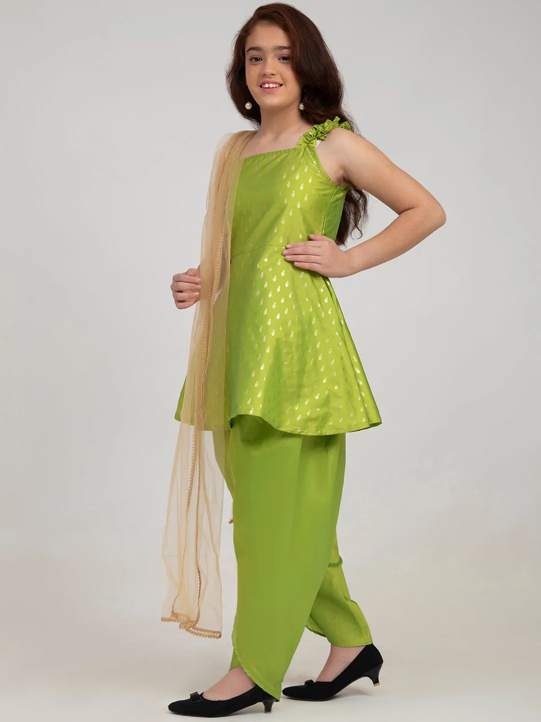 Girl's Green-Printed Kurta And Dhoti Pants With Dupatta - Bitiya By Bhama