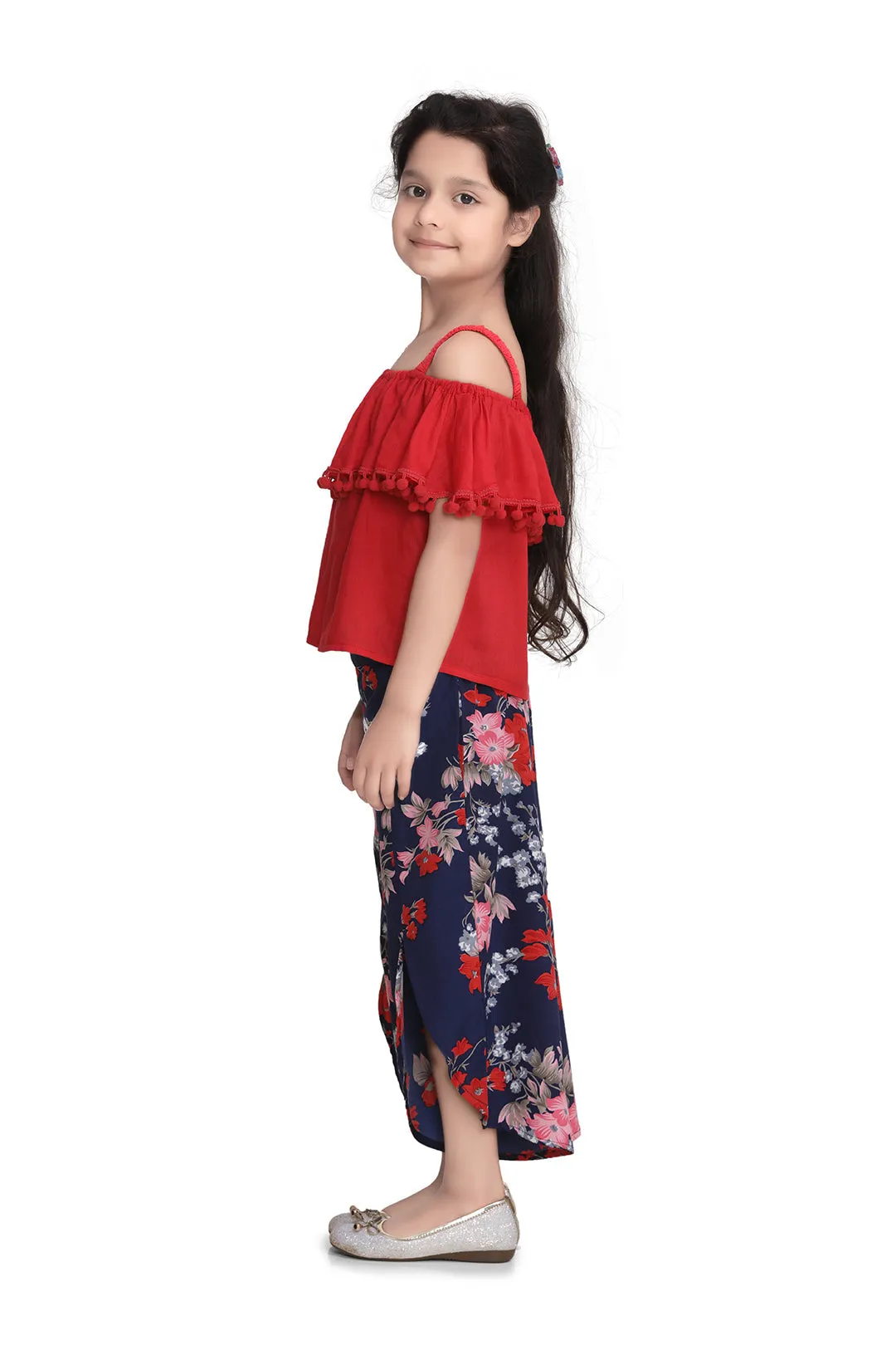 Girl's Red Top And Floral 3/4Th Pants Set - StyleStone Kid