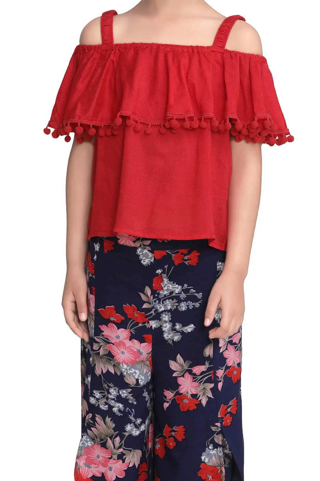 Girl's Red Top And Floral 3/4Th Pants Set - StyleStone Kid