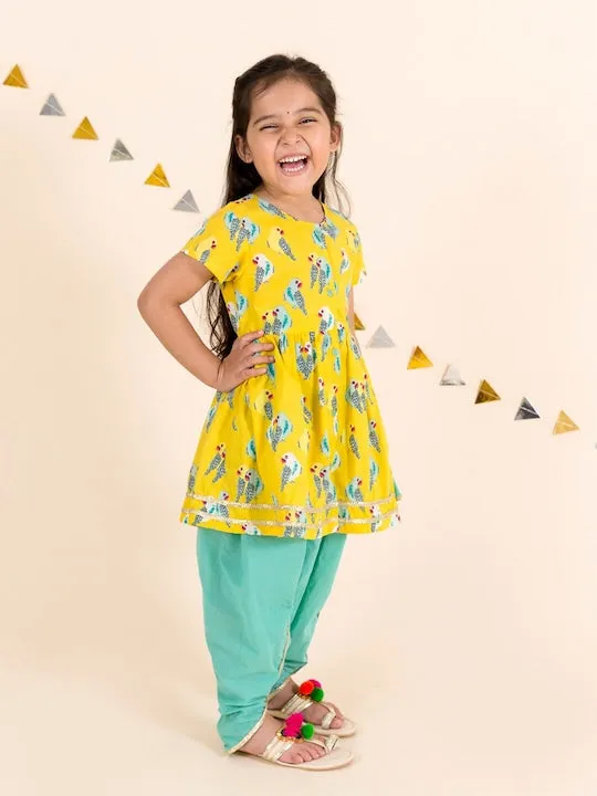 Girls Yellow Floral Printed Empire Pure Cotton Kurti With Dhoti Pants - Ps Peaches