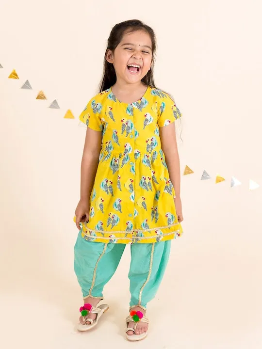 Girls Yellow Floral Printed Empire Pure Cotton Kurti With Dhoti Pants - Ps Peaches