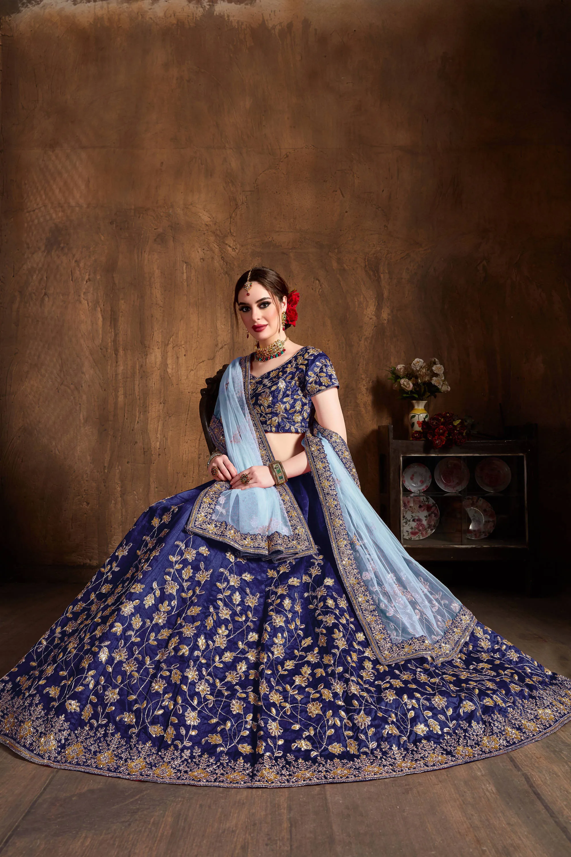 Graceful Navy Blue Zari Work Banglory Silk Bridal Lehenga Choli