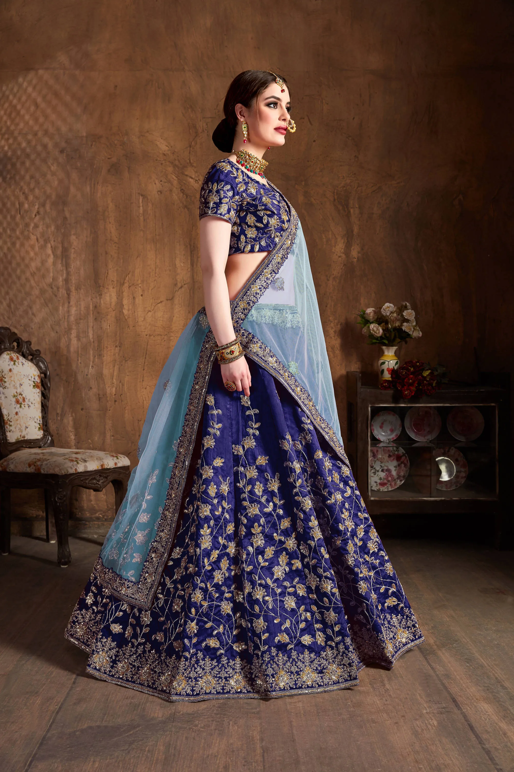 Graceful Navy Blue Zari Work Banglory Silk Bridal Lehenga Choli