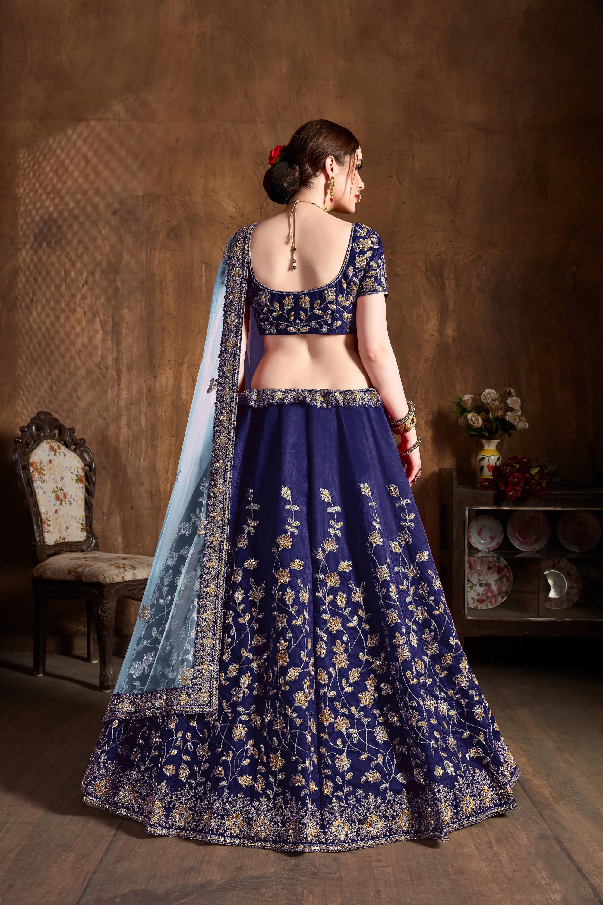 Graceful Navy Blue Zari Work Banglory Silk Bridal Lehenga Choli