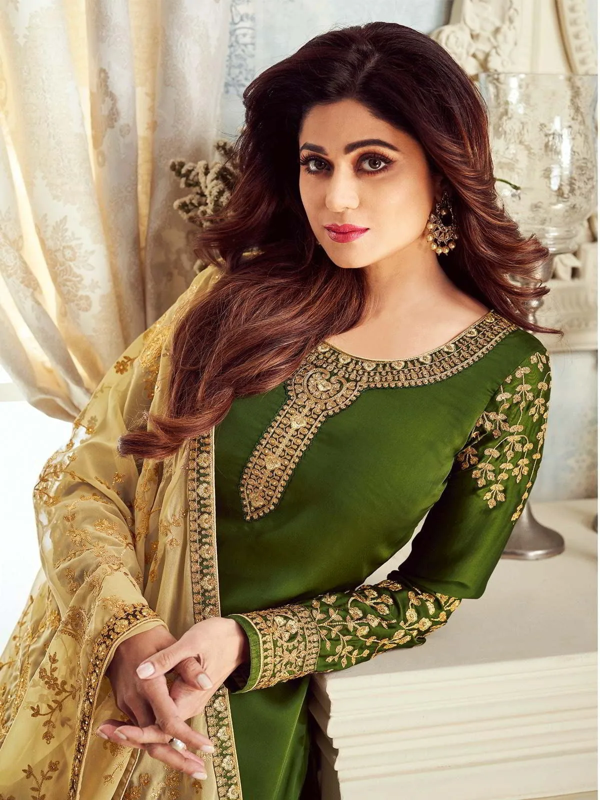 Green And Golden Ethnic Embroidered Churidar Suit