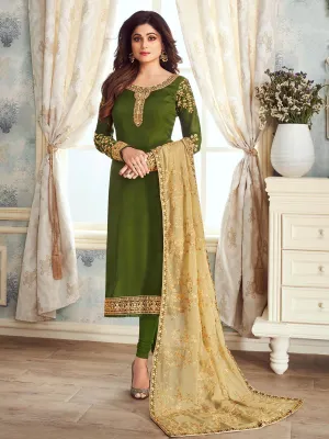 Green And Golden Ethnic Embroidered Churidar Suit