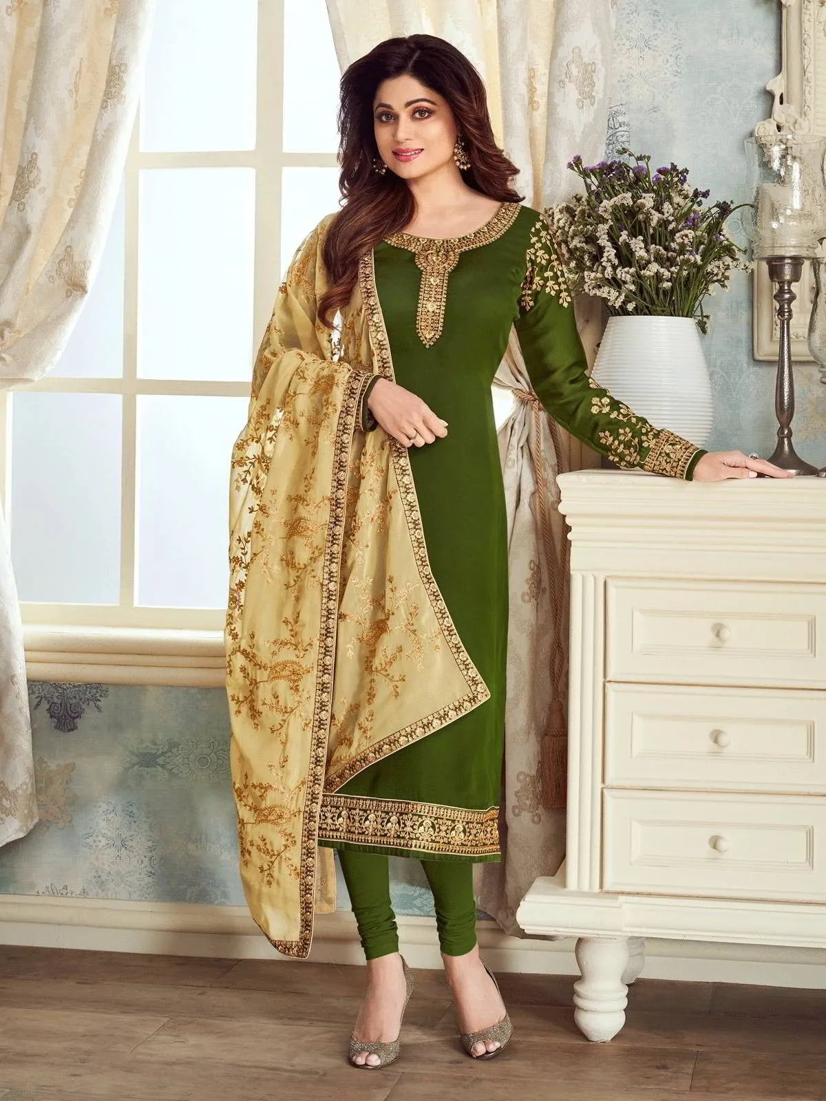 Green And Golden Ethnic Embroidered Churidar Suit