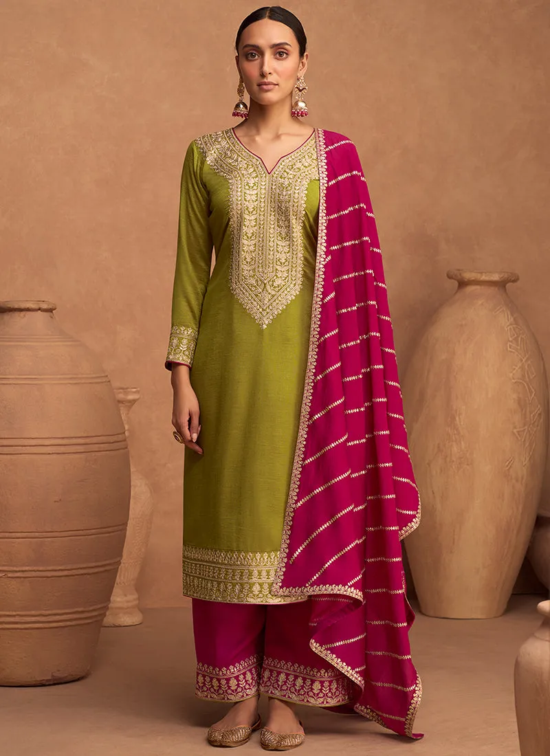 Green And Pink Embroidery Silk Salwar Kameez