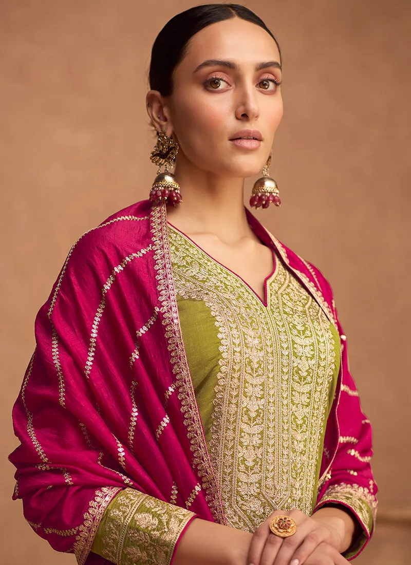 Green And Pink Embroidery Silk Salwar Kameez