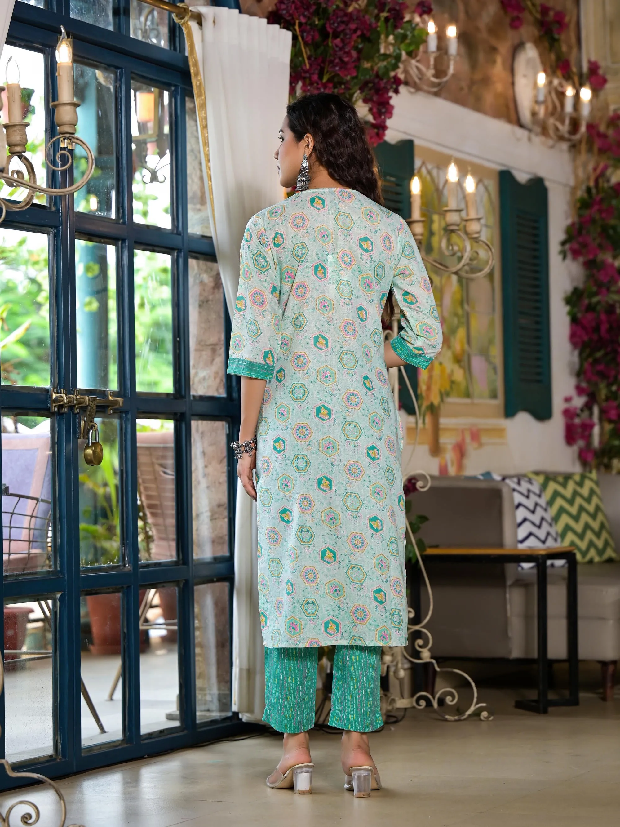 Green Floral Printed Cotton Kurta Set With Lace