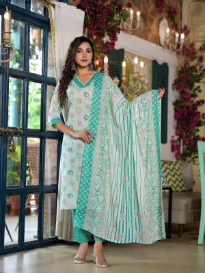 Green Floral Printed Cotton Kurta Set With Lace