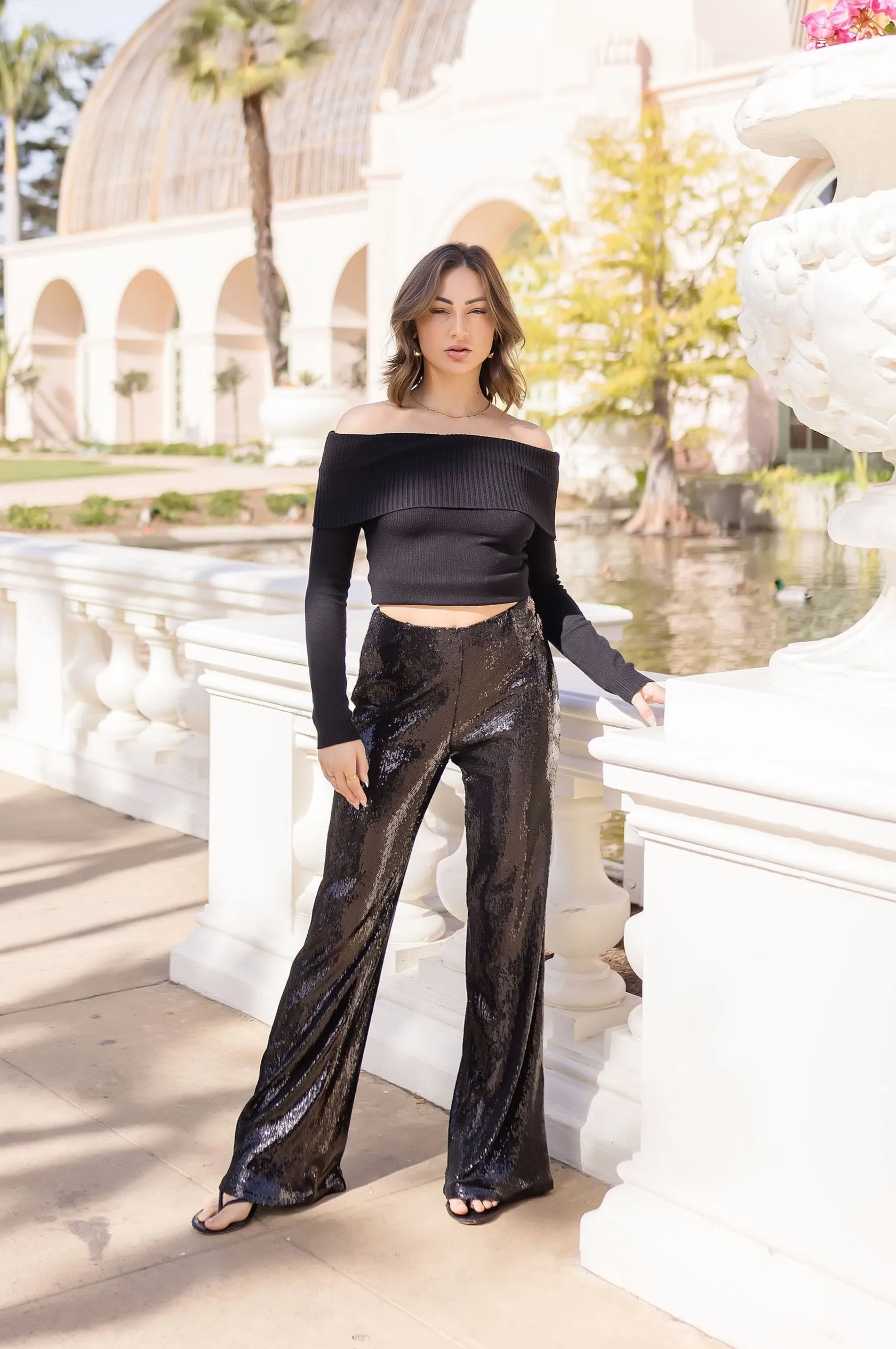 Gretchen Wide Leg Sequin Pants Black