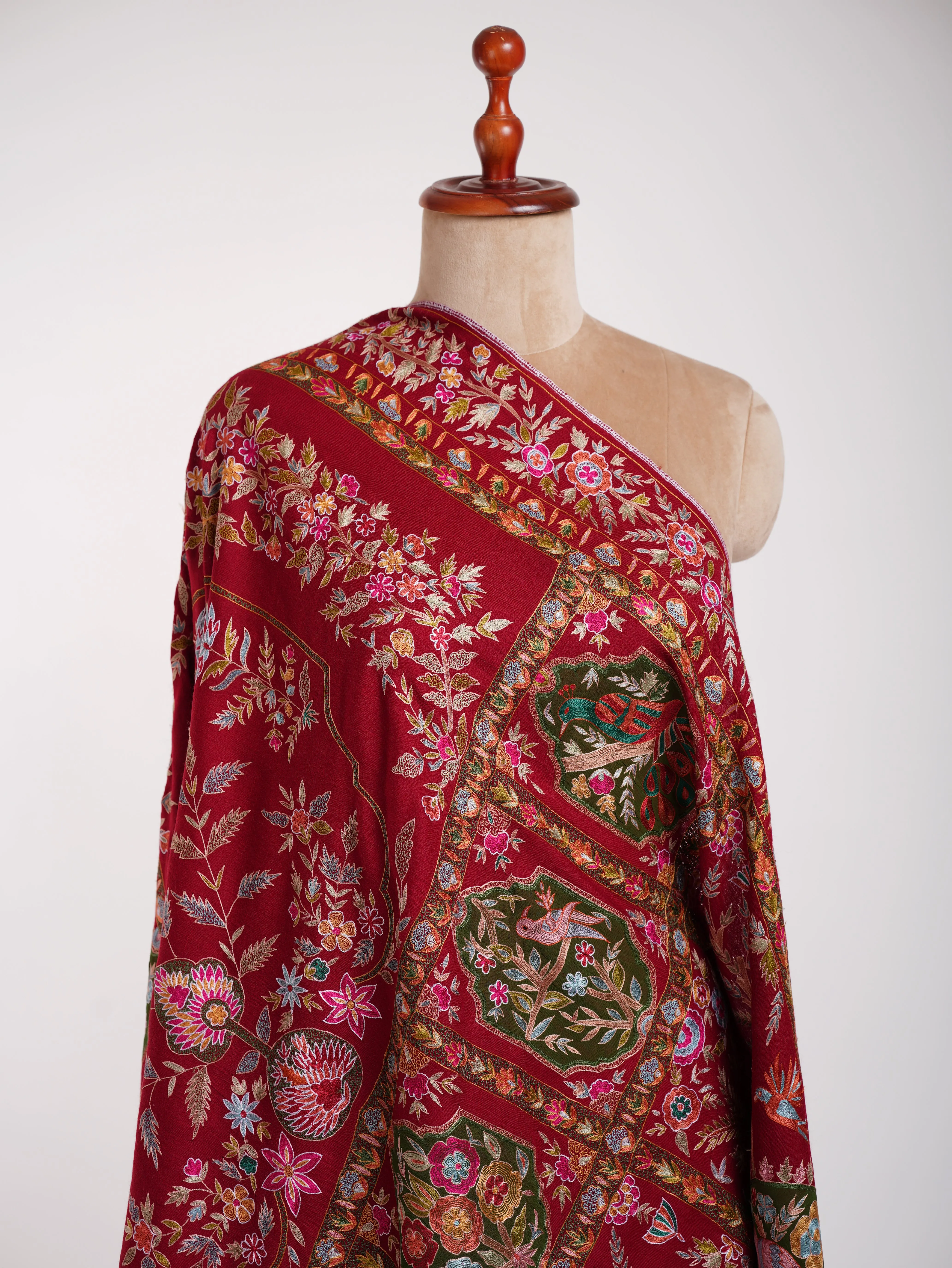 Hand Embroidered Red Pashmina Jamavar Shawl