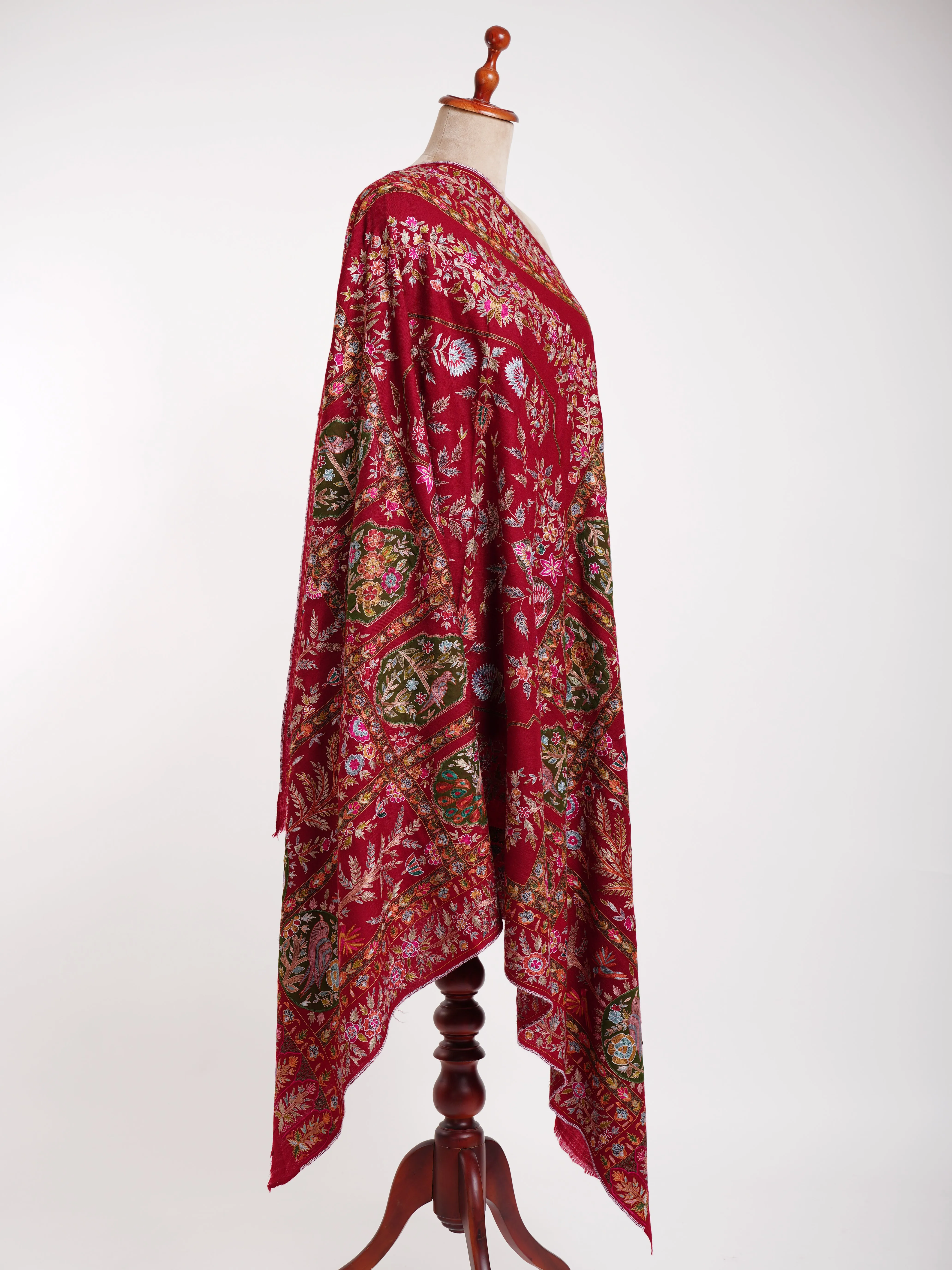 Hand Embroidered Red Pashmina Jamavar Shawl