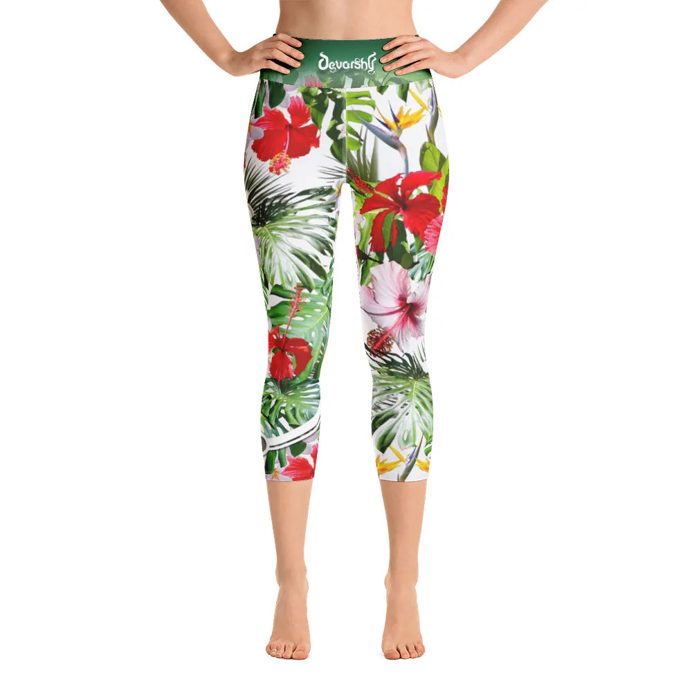 Hibiscus Florals Yoga Capri Leggings Floral Print Capri Pants High Waist YOGA Capri Leggings, PF