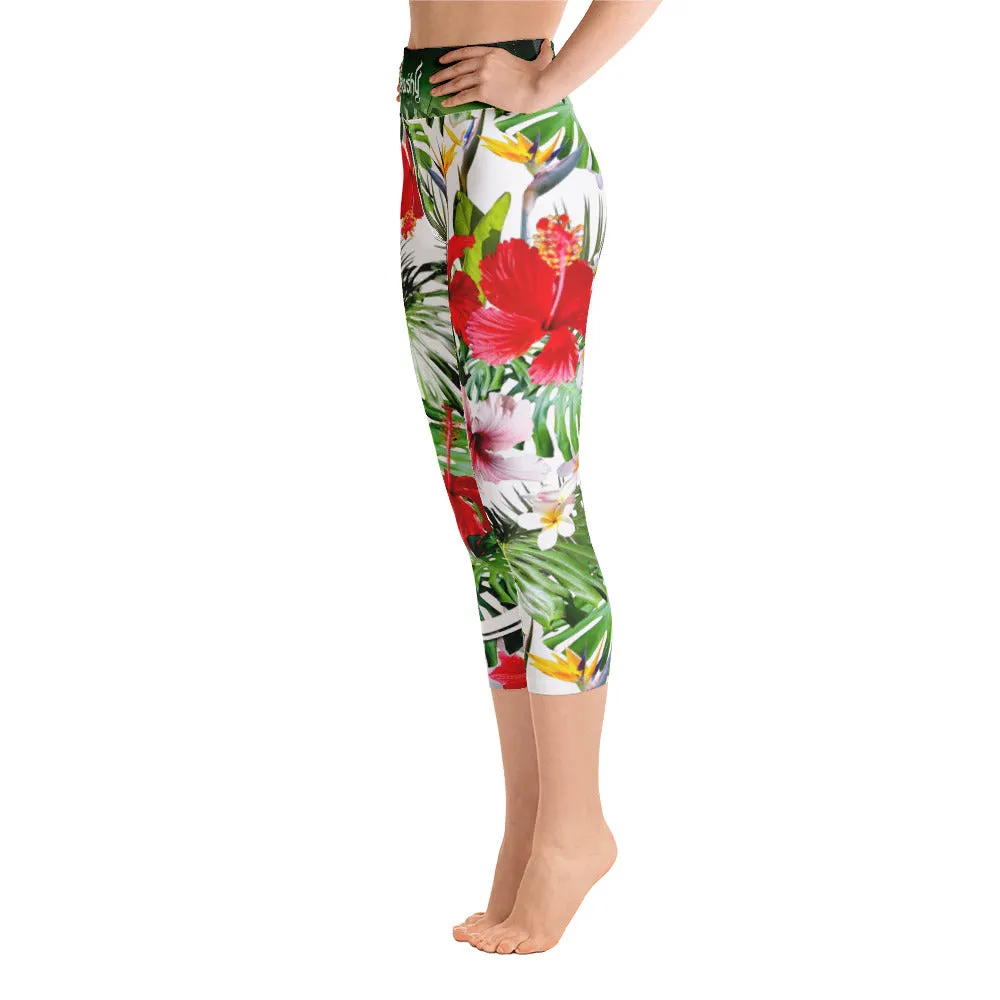 Hibiscus Florals Yoga Capri Leggings Floral Print Capri Pants High Waist YOGA Capri Leggings, PF