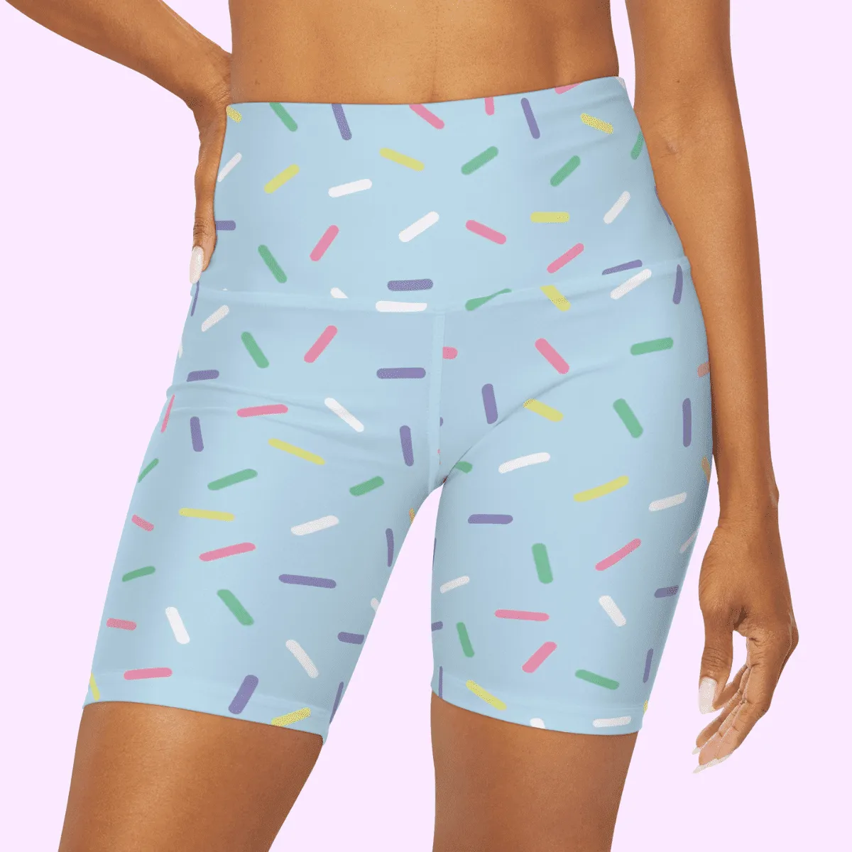 High Waisted Yoga Shorts Blue With Rainbow Sprinkles