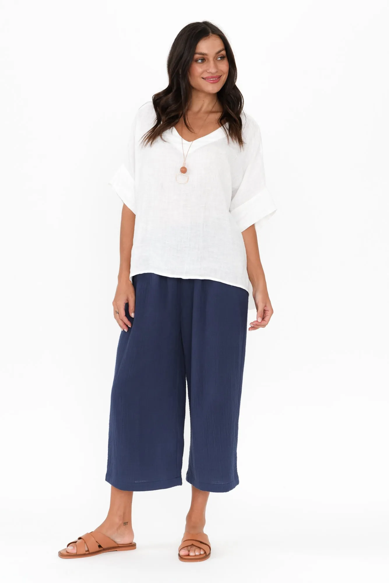 Hobart Navy Cotton Cheesecloth Cropped Pants