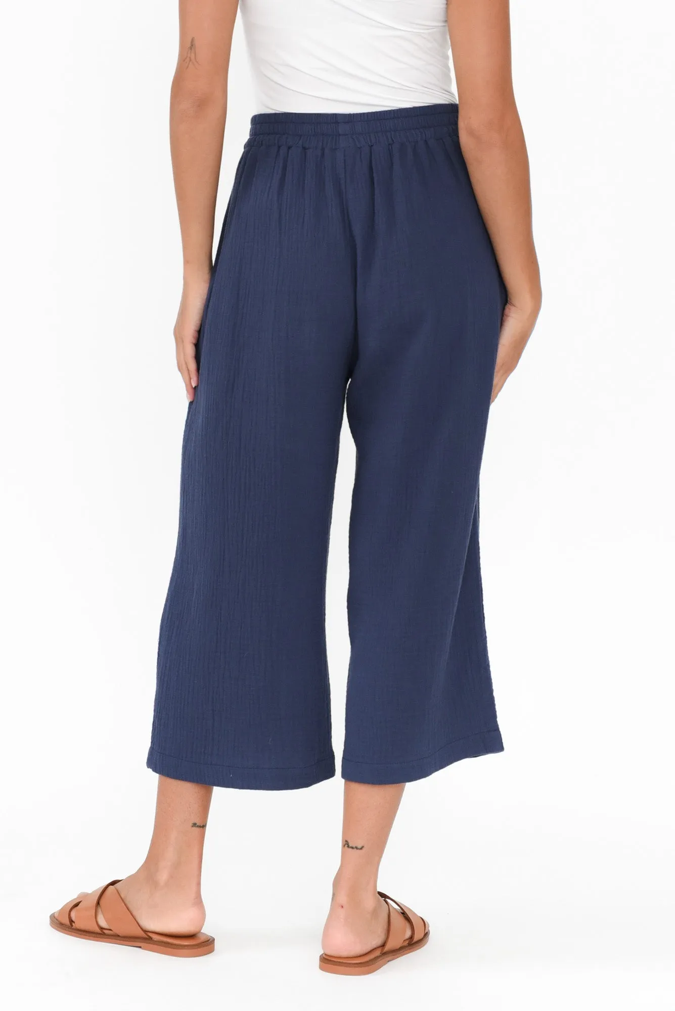 Hobart Navy Cotton Cheesecloth Cropped Pants