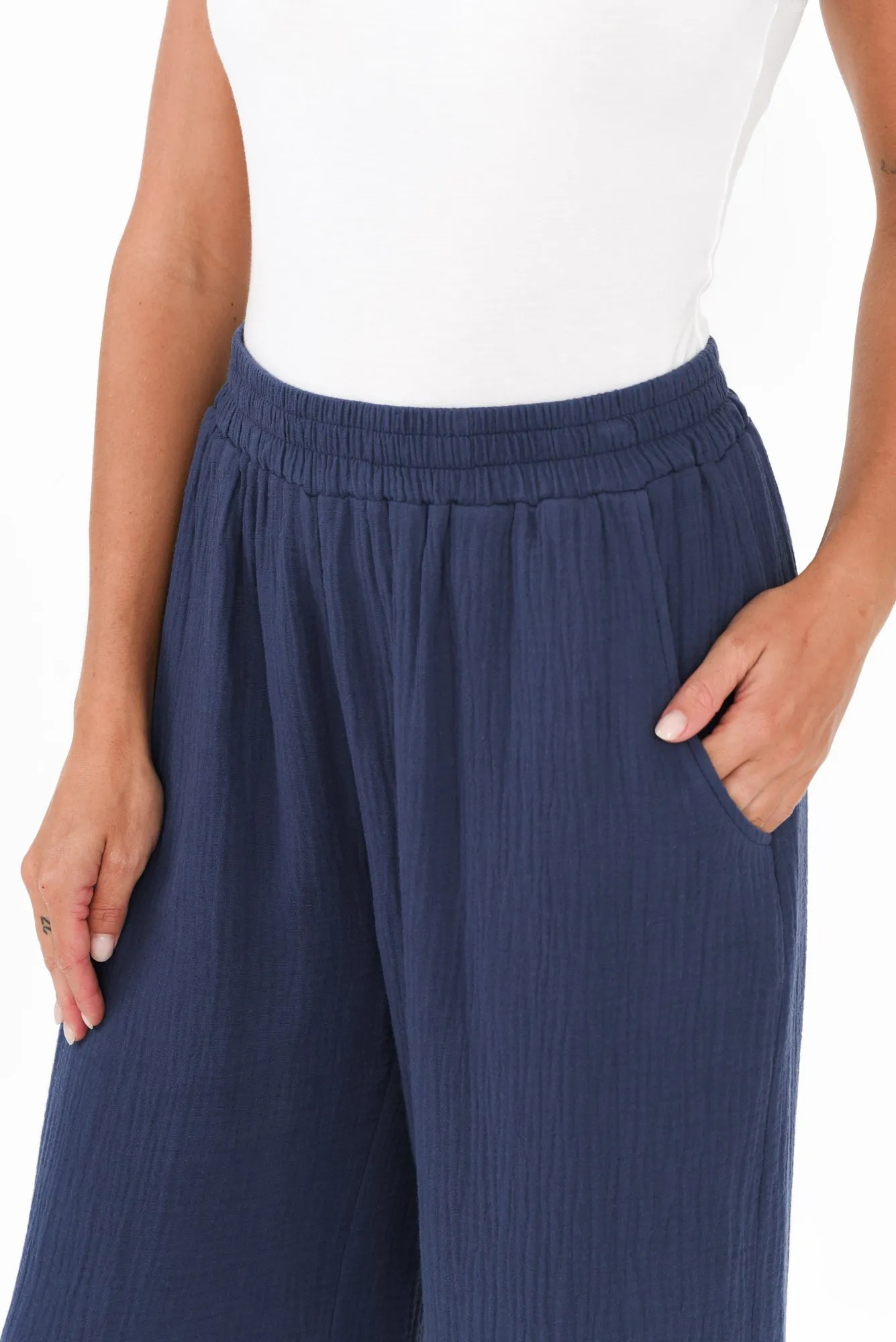 Hobart Navy Cotton Cheesecloth Cropped Pants