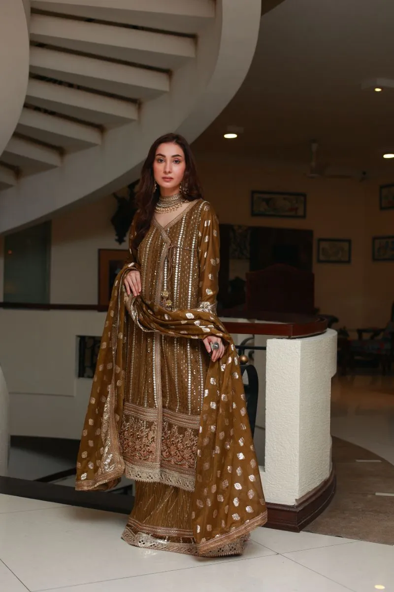 Huma Adnan - Vanya - Rust Brown - Chiffon and Crushed Masoori - 3 Piece