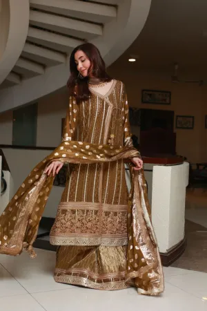 Huma Adnan - Vanya - Rust Brown - Chiffon and Crushed Masoori - 3 Piece